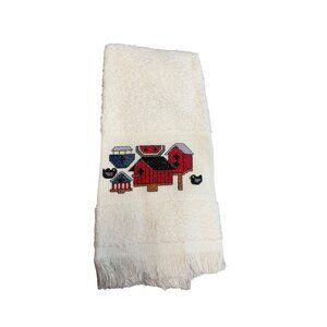 Hand Towel with Cross-Stitched Birdhouses & Bird Design White Cotton for Kitchen